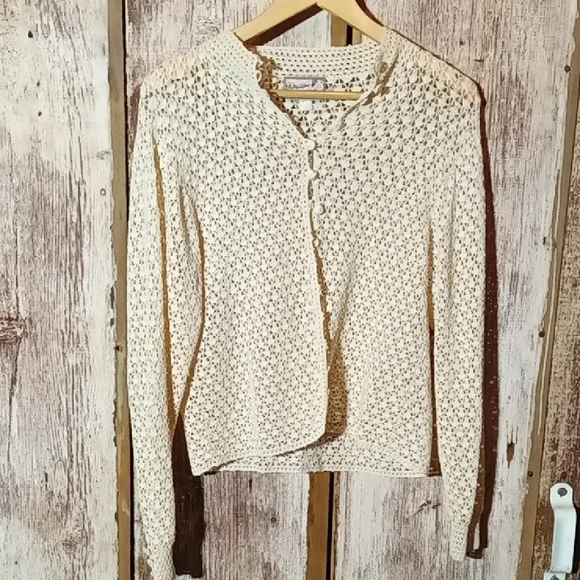 Cream Knit Button-Up Cardigan Crochet Grannyknit Cottagecore Vintage Medium - Picture 1 of 8